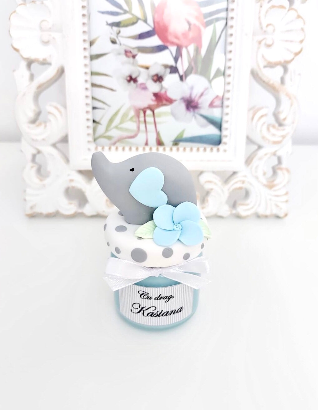 Marturie pentru botez lumanare din ceara - Elefant, bleu - MiLuna Handmade