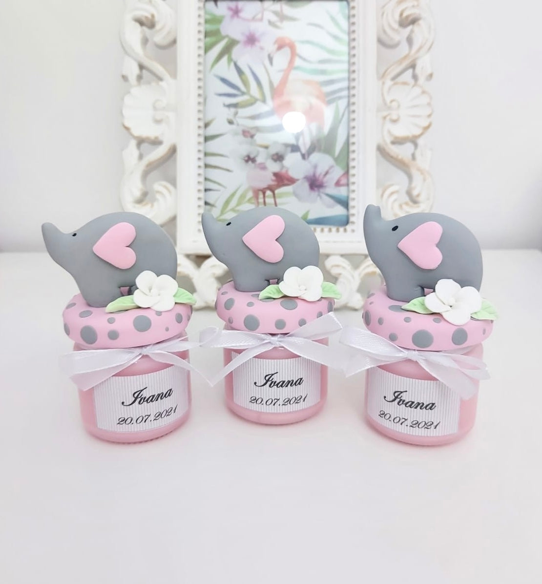 Marturie pentru botez lumanare din ceara - Elefant, pink - MiLuna Handmade