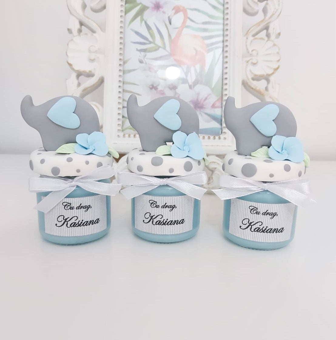 Marturie pentru botez lumanare din ceara - Elefant, bleu - MiLuna Handmade