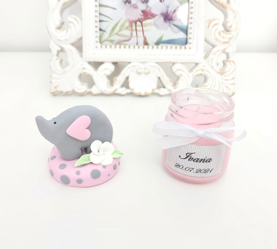 Marturie pentru botez lumanare din ceara - Elefant, pink - MiLuna Handmade