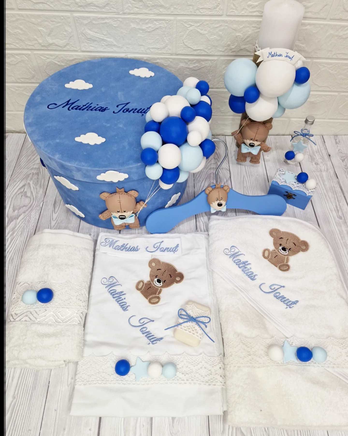 Trusou personalizat + Cutie cu tematica Teddy Bear Blue - MiLuna Handmade