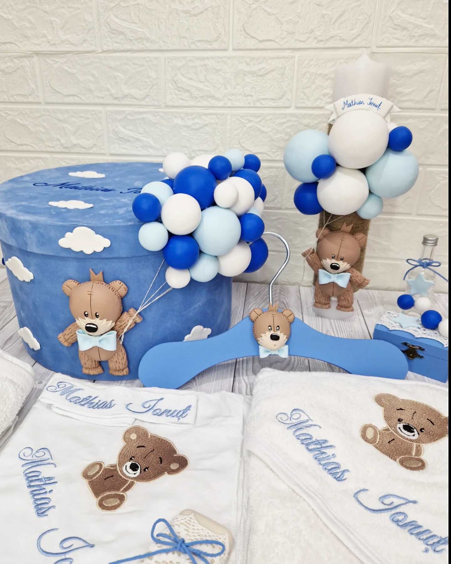 Trusou personalizat + Cutie cu tematica Teddy Bear Blue - MiLuna Handmade