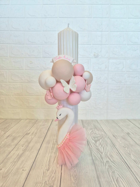 Lumanare de botez Lebada Roz - MiLuna Handmade