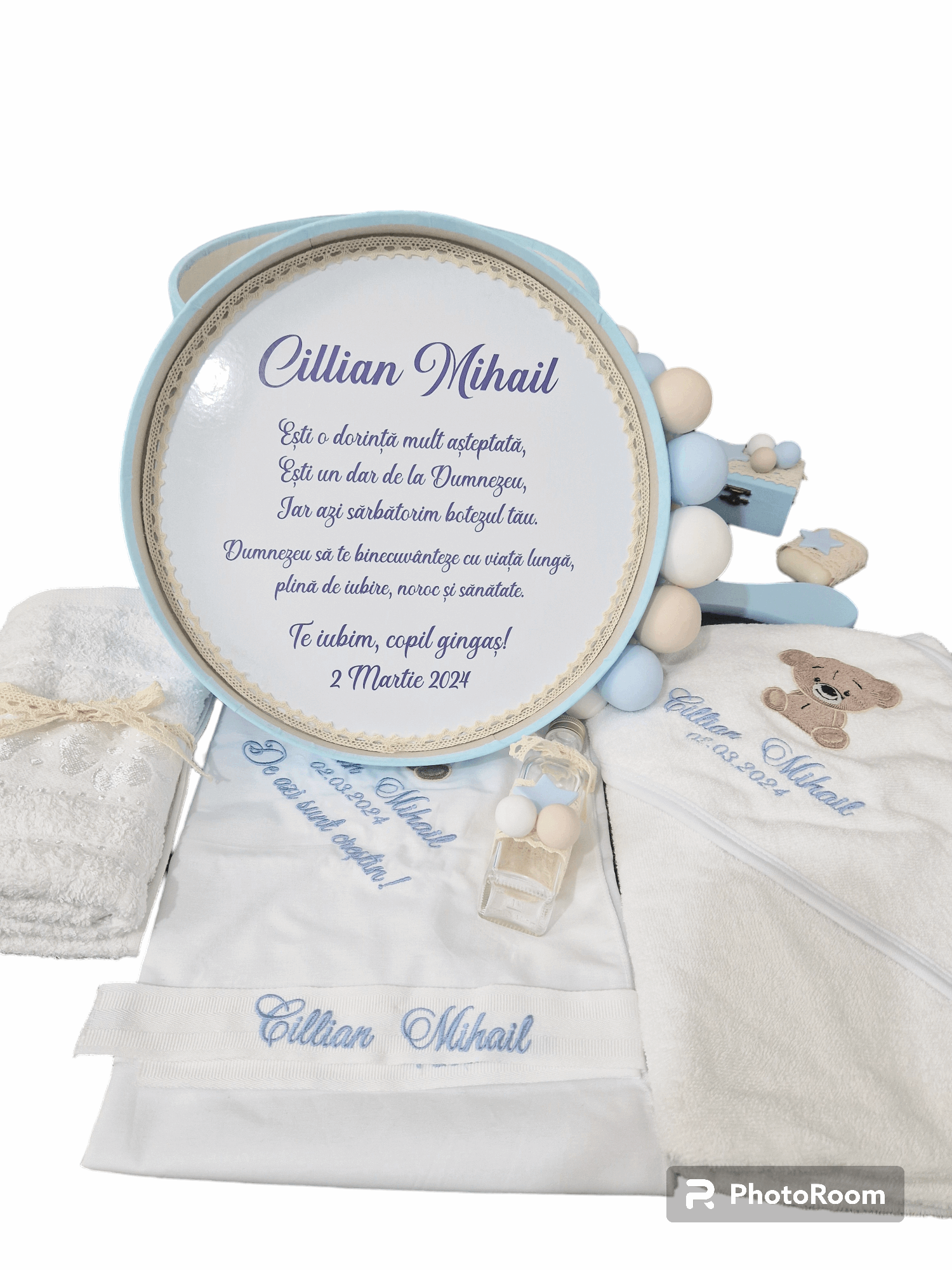 Trusou personalizat + Cutie cu tematica Ursulet cu baloane - bleu/ivoar - MiLuna Handmade