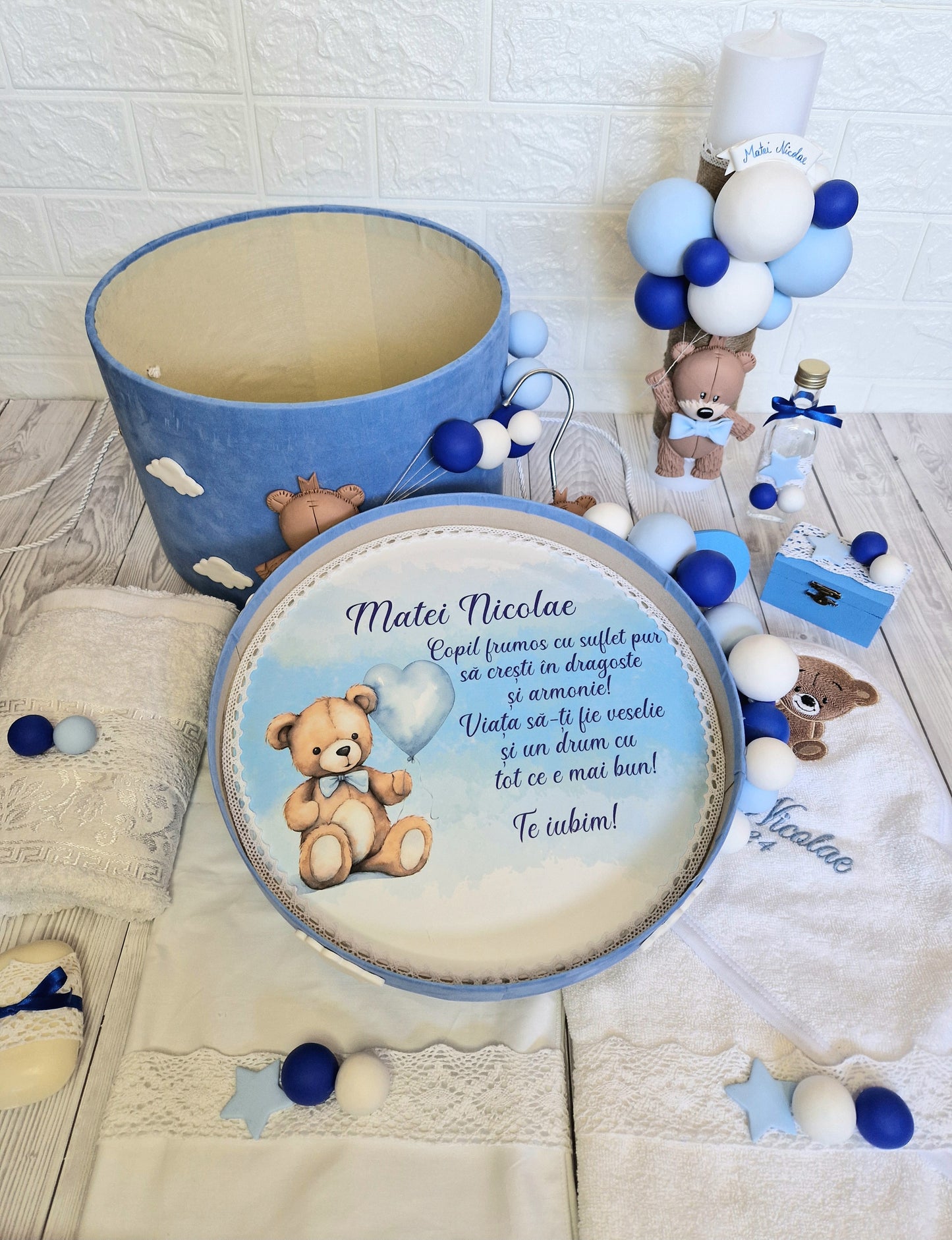 Trusou personalizat + Cutie cu tematica Teddy Bear Blue