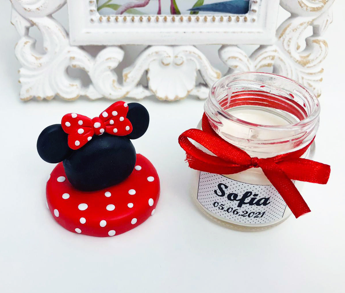 Marturie pentru botez lumanare din ceara - Minnie Mouse, rosu - MiLuna Handmade