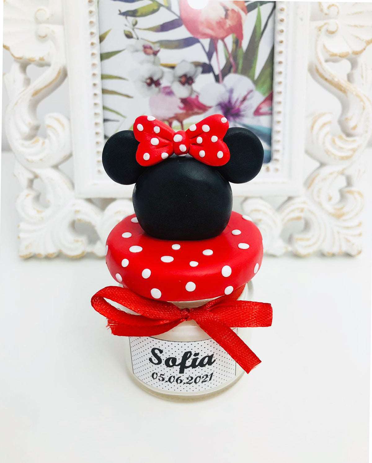 Marturie pentru botez lumanare din ceara - Minnie Mouse, rosu - MiLuna Handmade