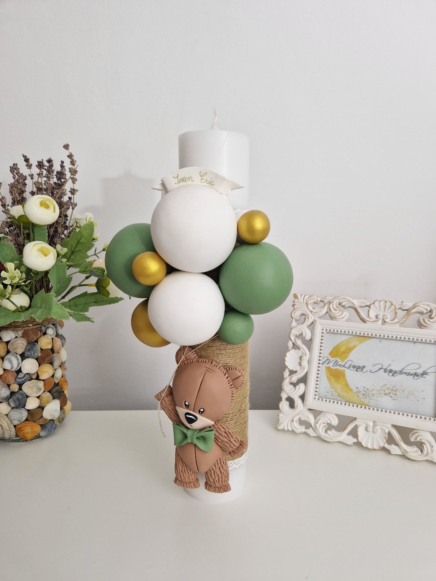 Lumanare de botez Teddy Bear, verde - MiLuna Handmade