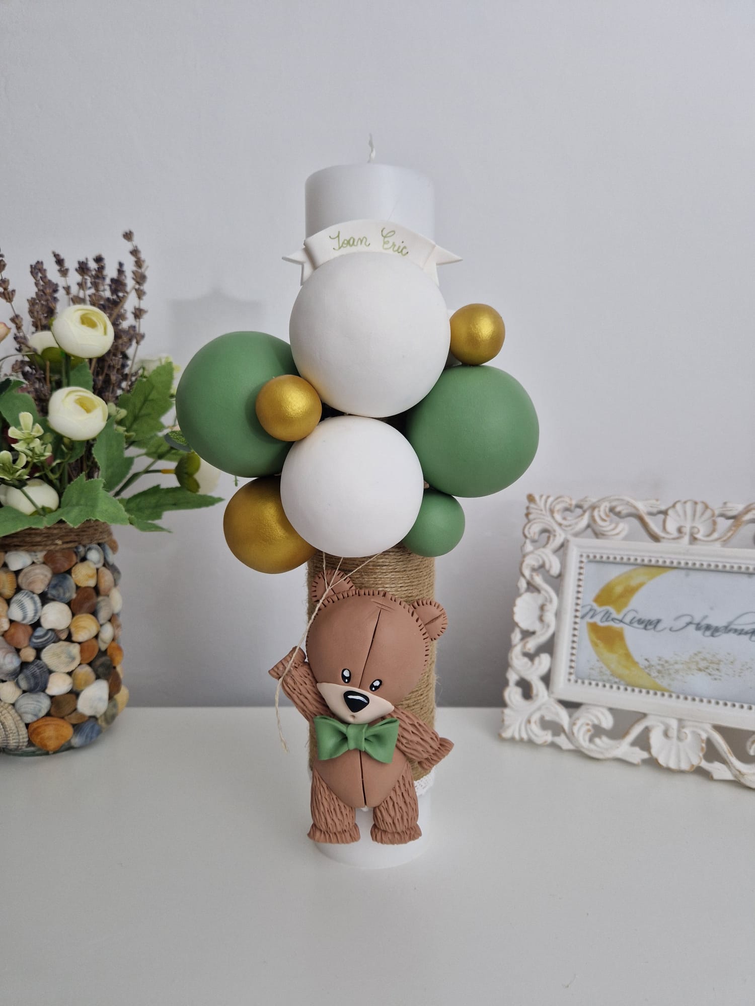 Lumanare de botez Teddy Bear, verde - MiLuna Handmade