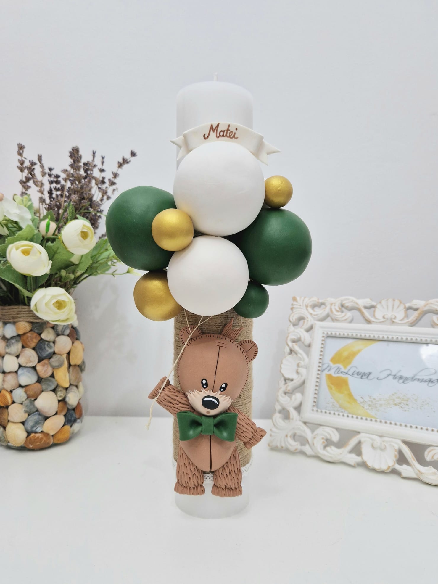 Lumanare de botez Teddy Bear, verde inchis - MiLuna Handmade