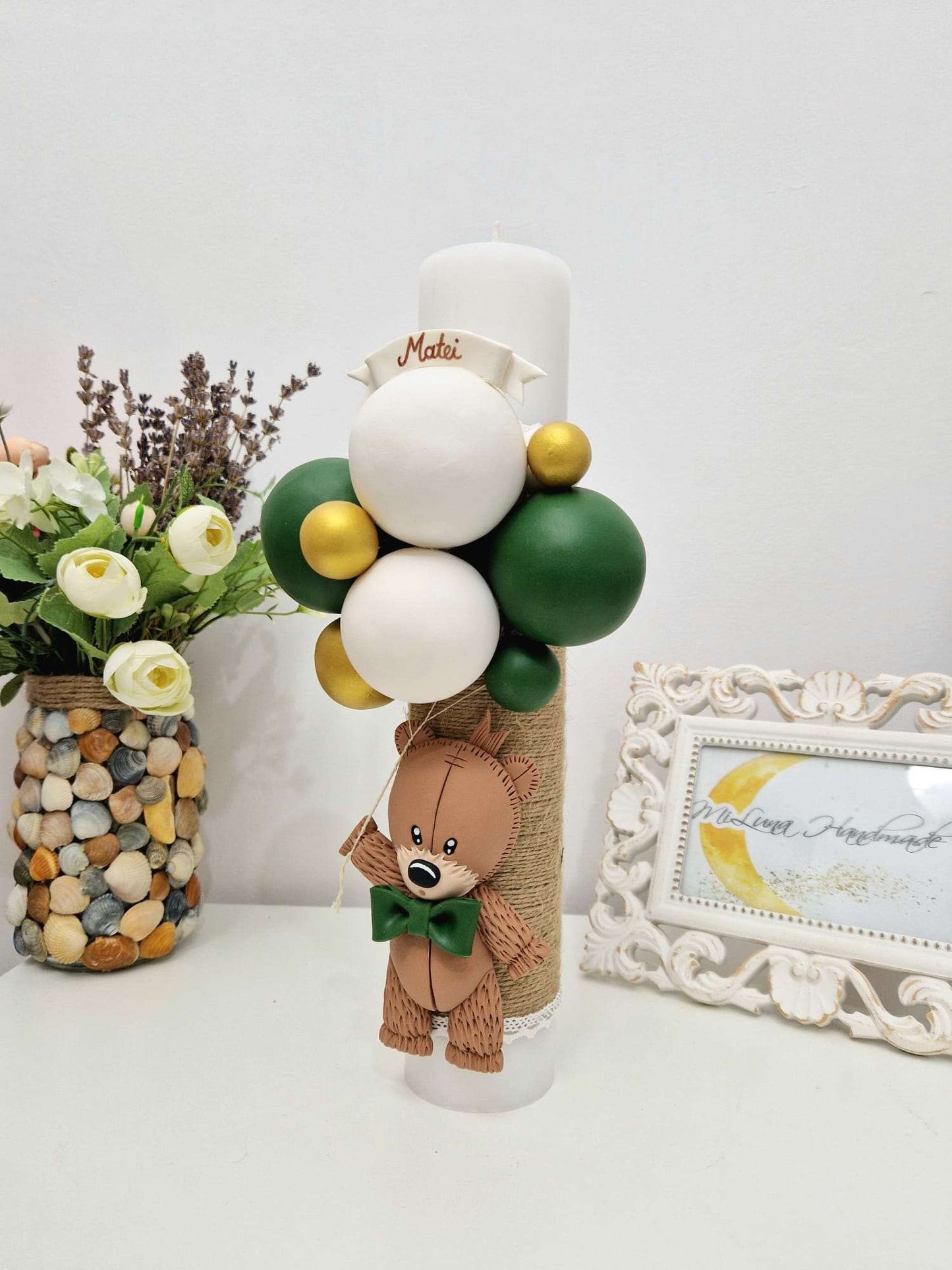 Lumanare de botez Teddy Bear, verde inchis - MiLuna Handmade