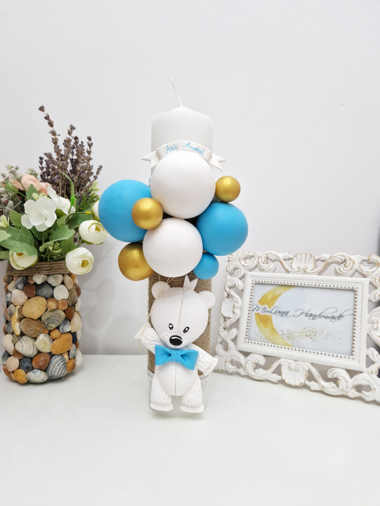 Lumanare de botez White Teddy Bear, blue sky - MiLuna Handmade