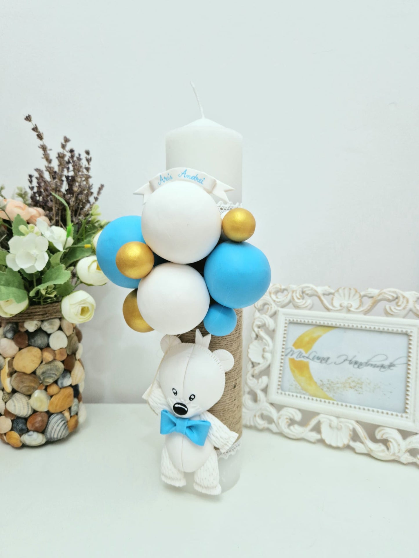 Lumanare de botez White Teddy Bear, blue sky - MiLuna Handmade