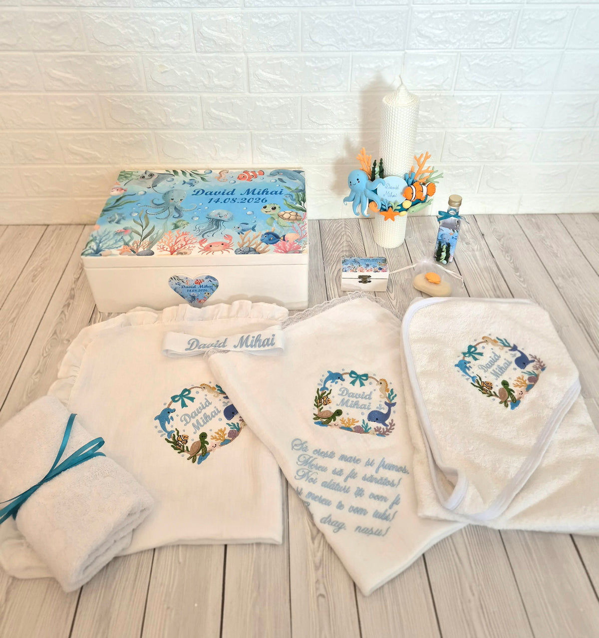 Trusou din muselina personalizat + Cutie cu tematica Marina/Ocean