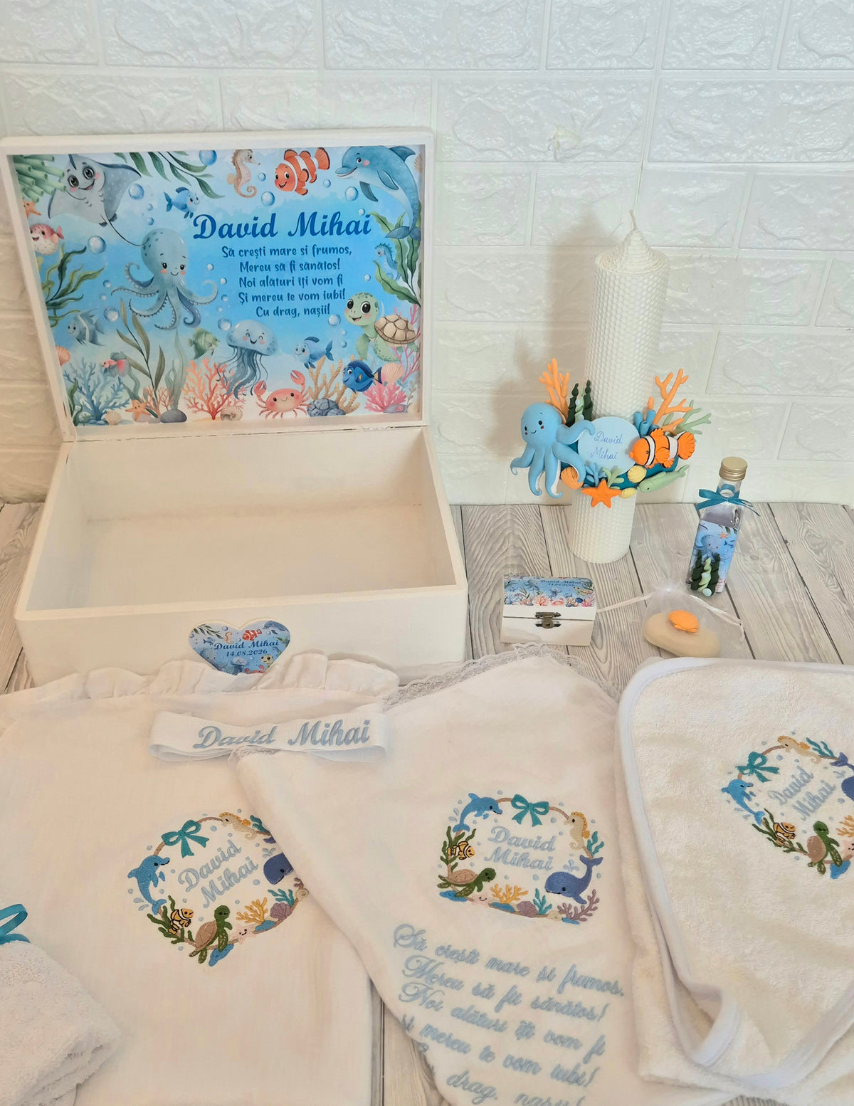 Trusou din muselina personalizat + Cutie cu tematica Marina/Ocean
