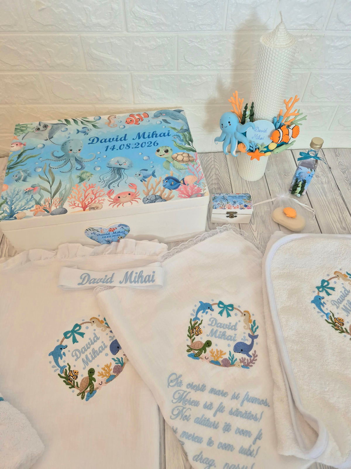 Trusou din muselina personalizat + Cutie cu tematica Marina/Ocean