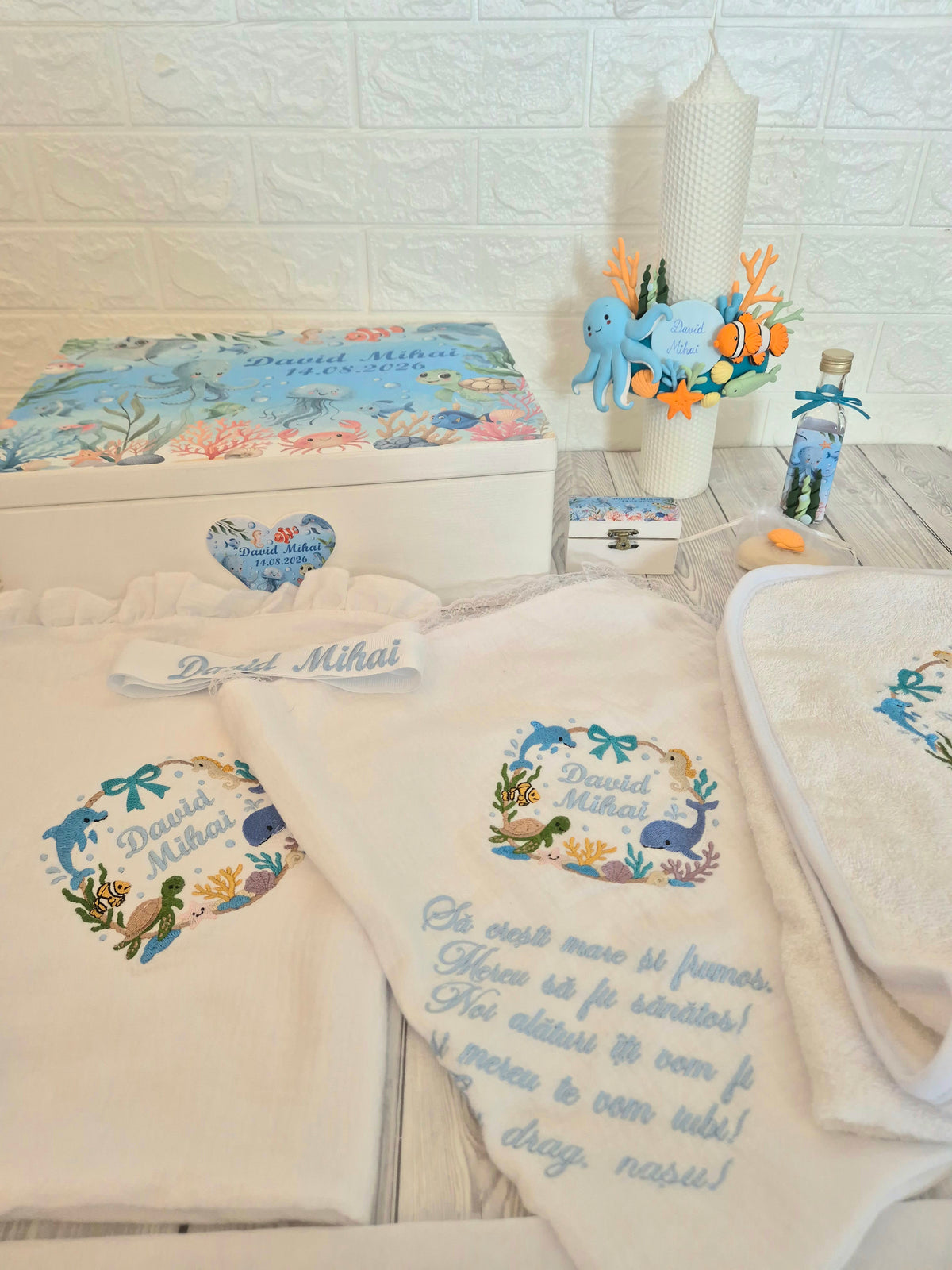 Trusou din muselina personalizat + Cutie cu tematica Marina/Ocean