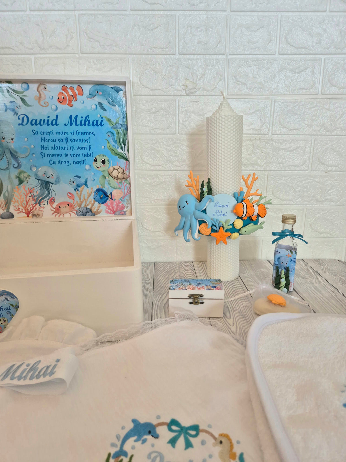 Trusou din muselina personalizat + Cutie cu tematica Marina/Ocean