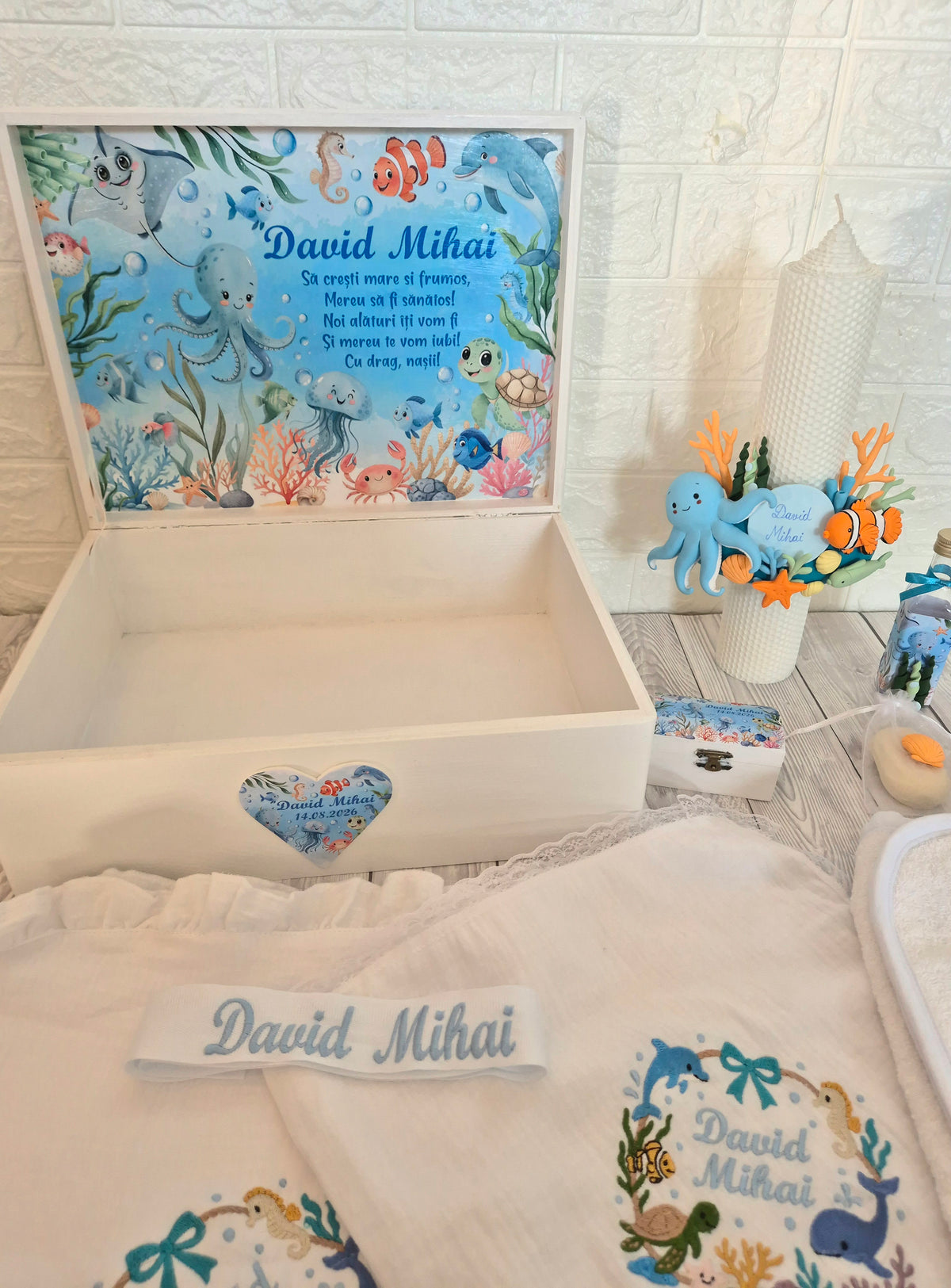 Trusou din muselina personalizat + Cutie cu tematica Marina/Ocean