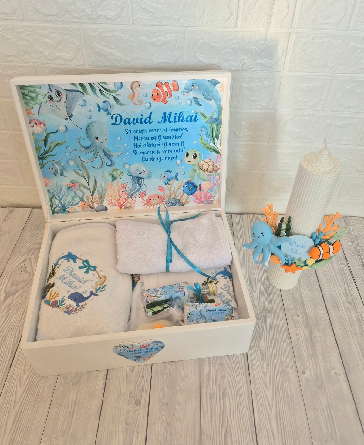 Trusou din muselina personalizat + Cutie cu tematica Marina/Ocean