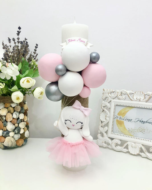 Lumanare de botez Iepuras, argintiu - MiLuna Handmade
