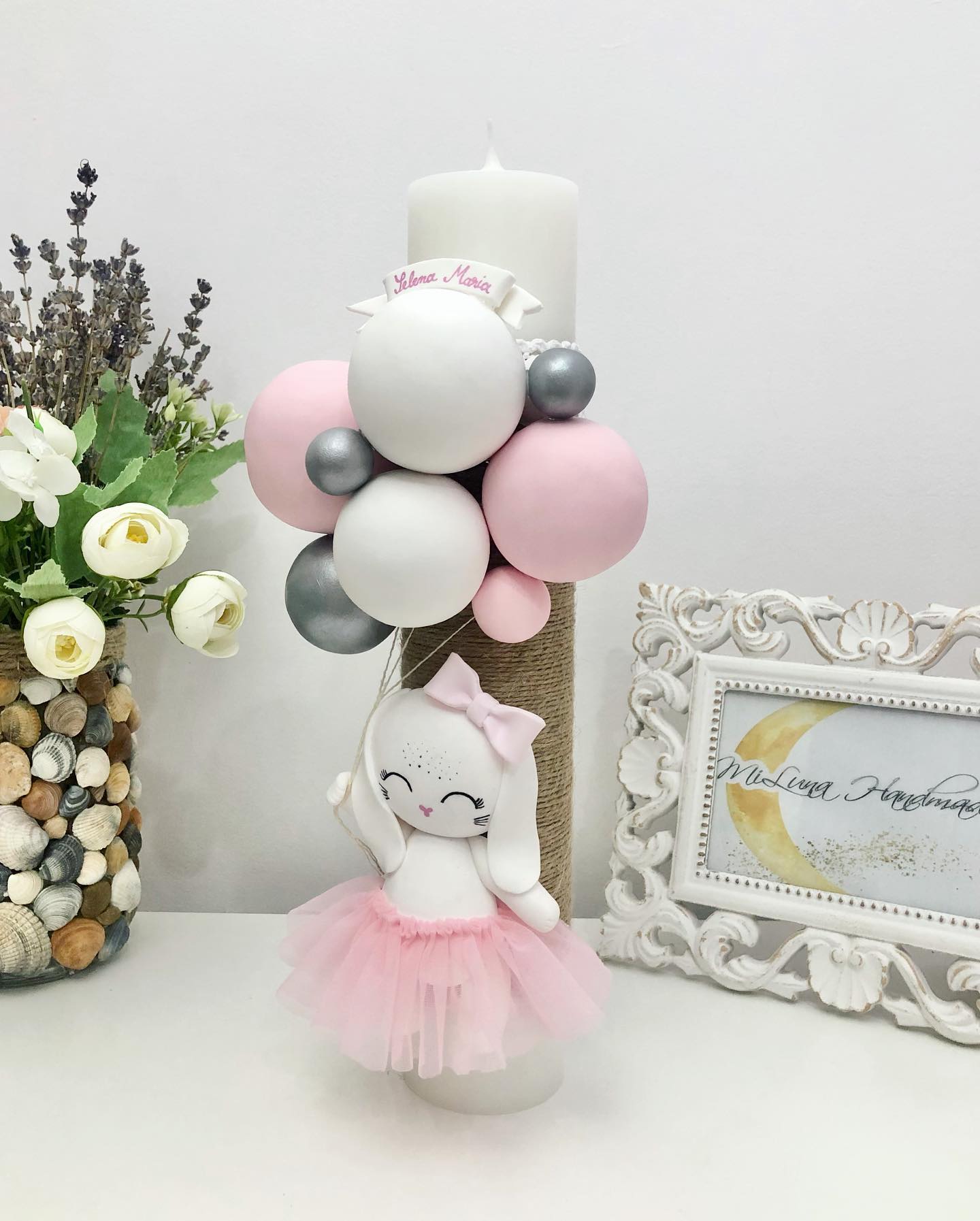 Lumanare de botez Iepuras, argintiu - MiLuna Handmade