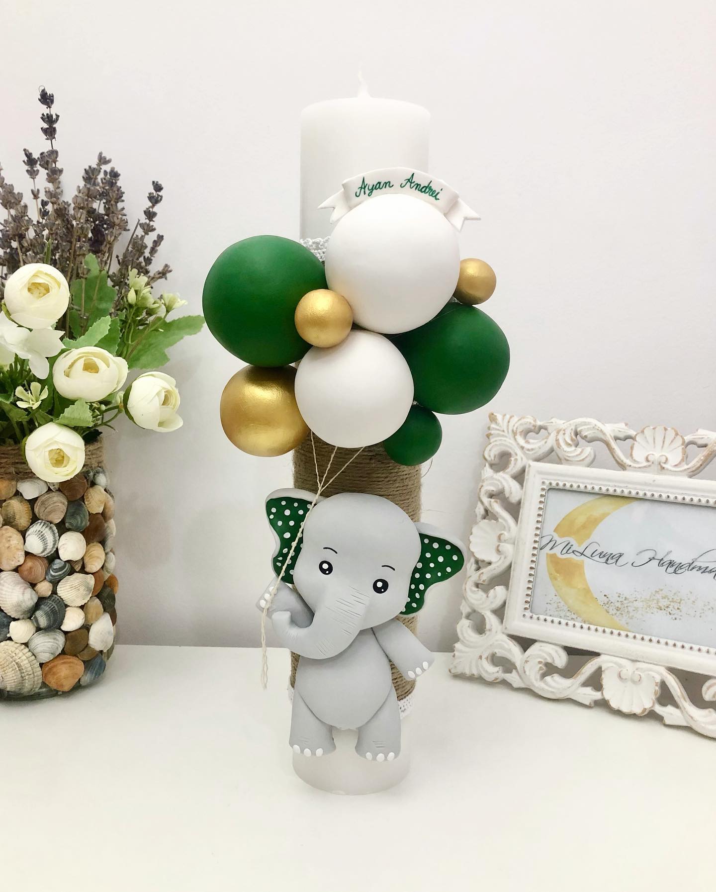 Lumanare de botez Elefantel, verde - MiLuna Handmade