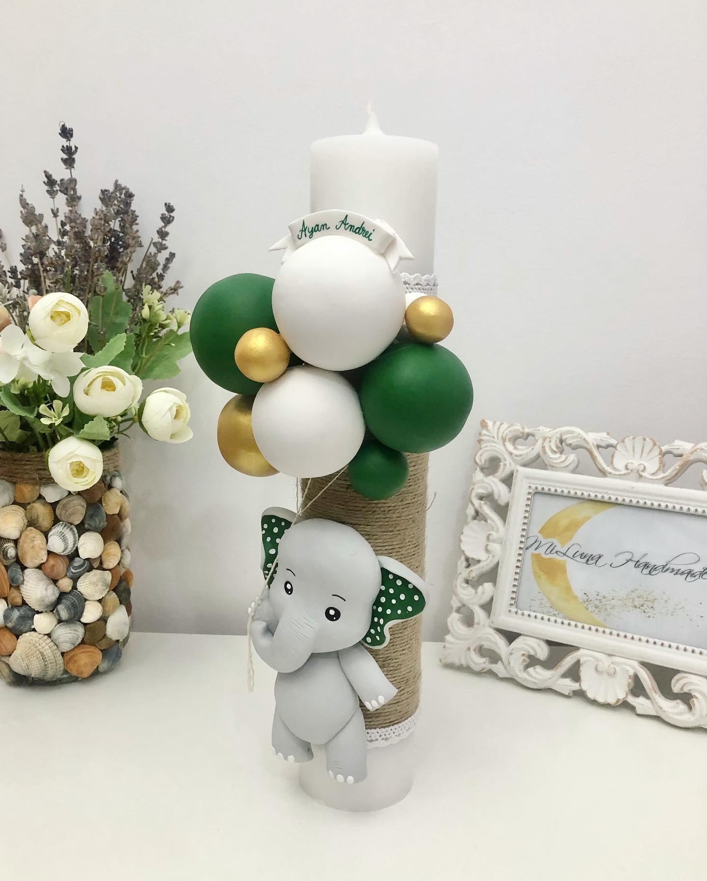 Lumanare de botez Elefantel, verde - MiLuna Handmade