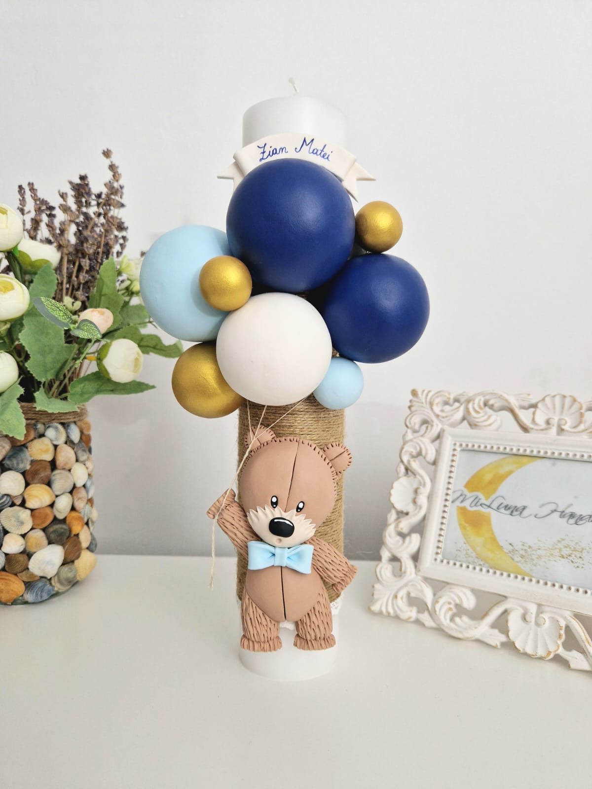 Lumanare de botez Teddy Bear, bleumarin - MiLuna Handmade